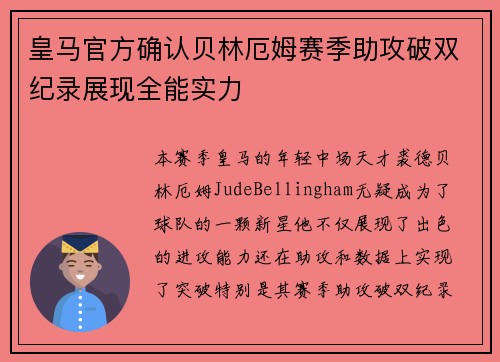 皇马官方确认贝林厄姆赛季助攻破双纪录展现全能实力 皇马官方确认贝林厄姆赛季助攻破双纪录展现全能实力