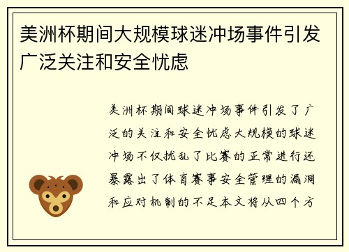 美洲杯期间大规模球迷冲场事件引发广泛关注和安全忧虑
